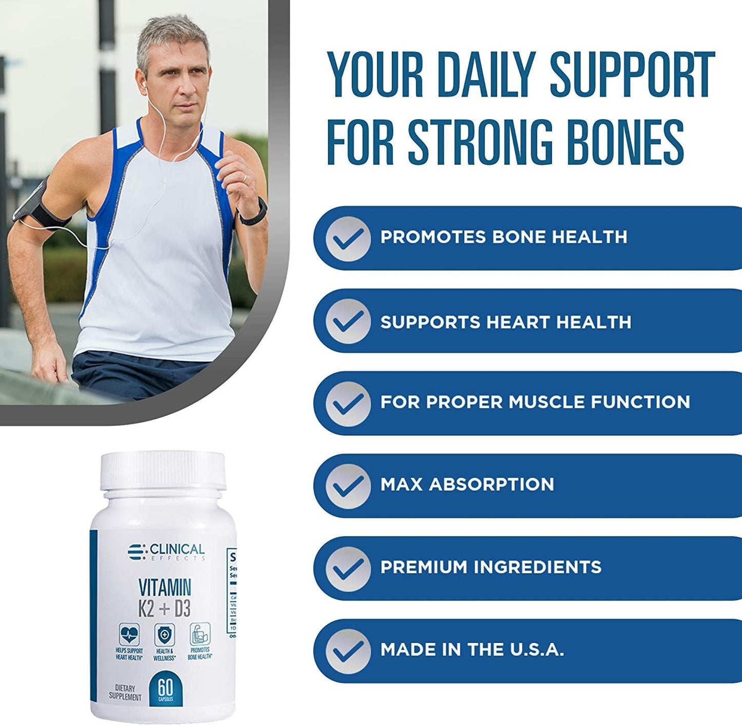 Clinical Effects Vitamin K2 + D3 - K2 + D3 Vitamin Supplement with Bioperine Black Pepper Extract and Calcium for Bone and Heart Health Support - 3 Pack - Max Absorption - Made in The USA