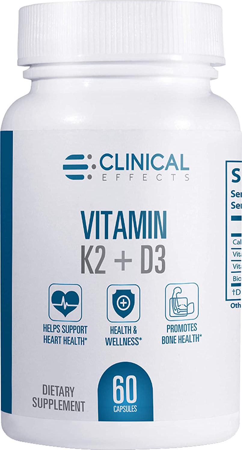 Clinical Effects: Vitamin K2 + D3 - Vitamin K2, Vitamin D3 Supplement with Bioperine Black Pepper Extract and Calcium for Bone and Heart Health Support - 60 Capsules - Max Absorption - Made in the USA