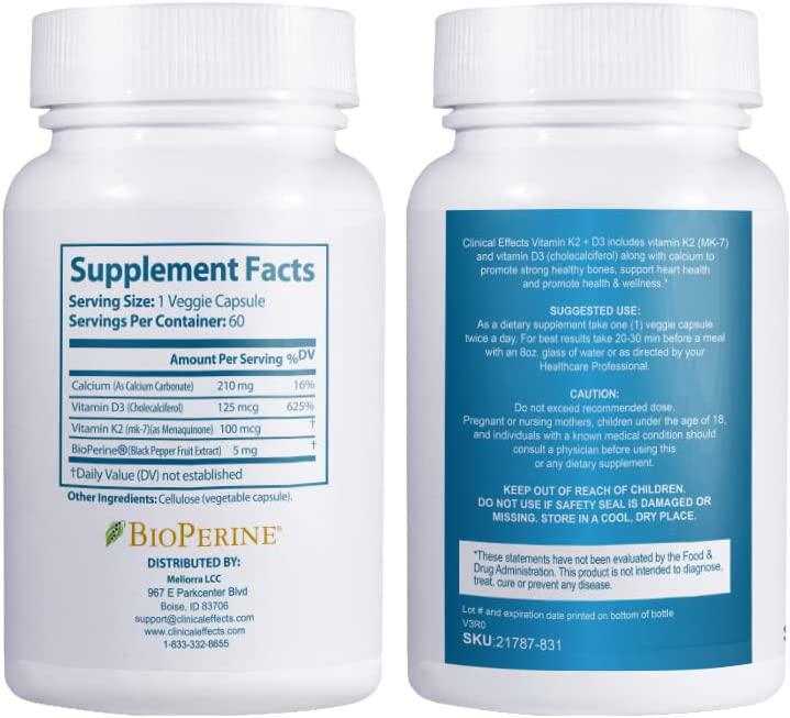Clinical Effects Vitamin K2 + D3 - K2 + D3 Vitamin Supplement with Bioperine Black Pepper Extract and Calcium for Bone and Heart Health Support - 3 Pack - Max Absorption - Made in The USA