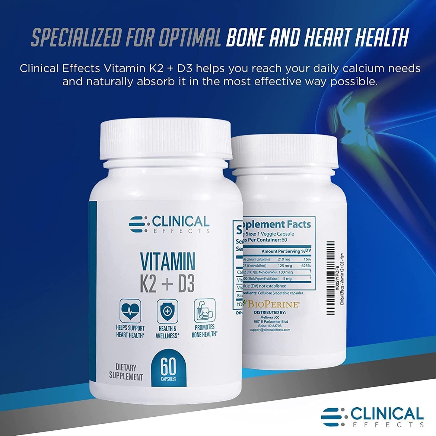 Clinical Effects Vitamin K2 + D3 - K2 + D3 Vitamin Supplement with Bioperine Black Pepper Extract and Calcium for Bone and Heart Health Support - 3 Pack - Max Absorption - Made in The USA