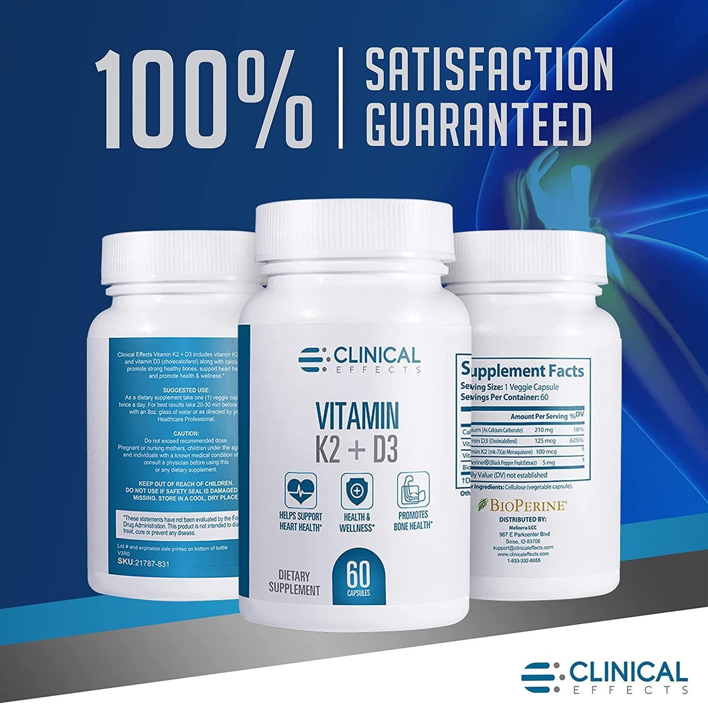 Clinical Effects: Vitamin K2 + D3 - Vitamin K2, Vitamin D3 Supplement with Bioperine Black Pepper Extract and Calcium for Bone and Heart Health Support - 60 Capsules - Max Absorption - Made in the USA