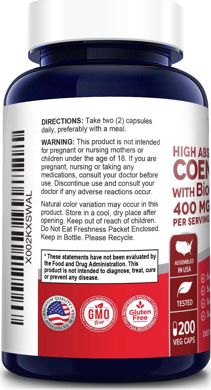 CoQ10 400 mg 200 Veggie Caps (Non-GMO and Gluten-Free) Coenzyme Q10 Supplement, Antioxidant COQ-10 Enzyme, Coq 10 for Support of Healthy Blood Pressure and Healthy Heart* - Serving Size 2 Daily Caps