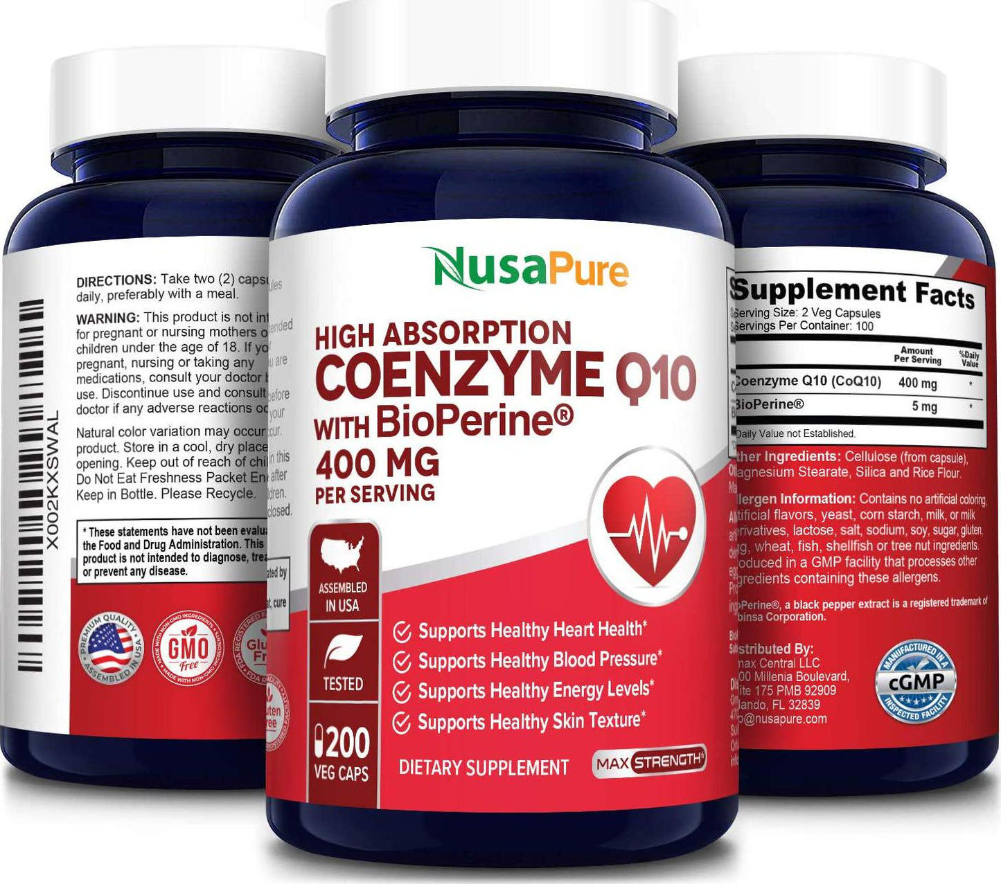 CoQ10 400 mg 200 Veggie Caps (Non-GMO and Gluten-Free) Coenzyme Q10 Supplement, Antioxidant COQ-10 Enzyme, Coq 10 for Support of Healthy Blood Pressure and Healthy Heart* - Serving Size 2 Daily Caps