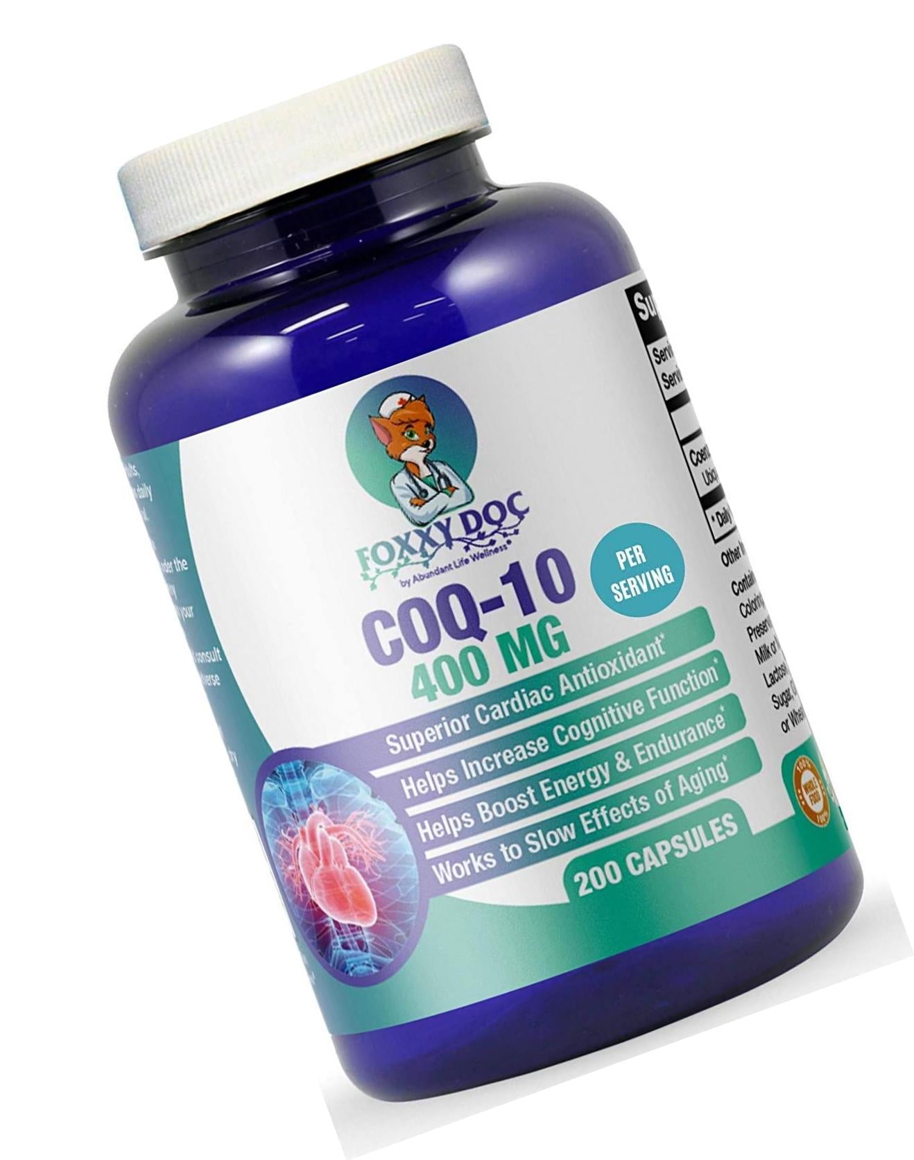 CoQ10 - Co-Enzyme Q10-400 mg - 200 Caps - Pure and High Absorption - Vegetable Capsules - Non-GMO - 100 Day Supply Heart and Cellular Energy by Foxxy Doc