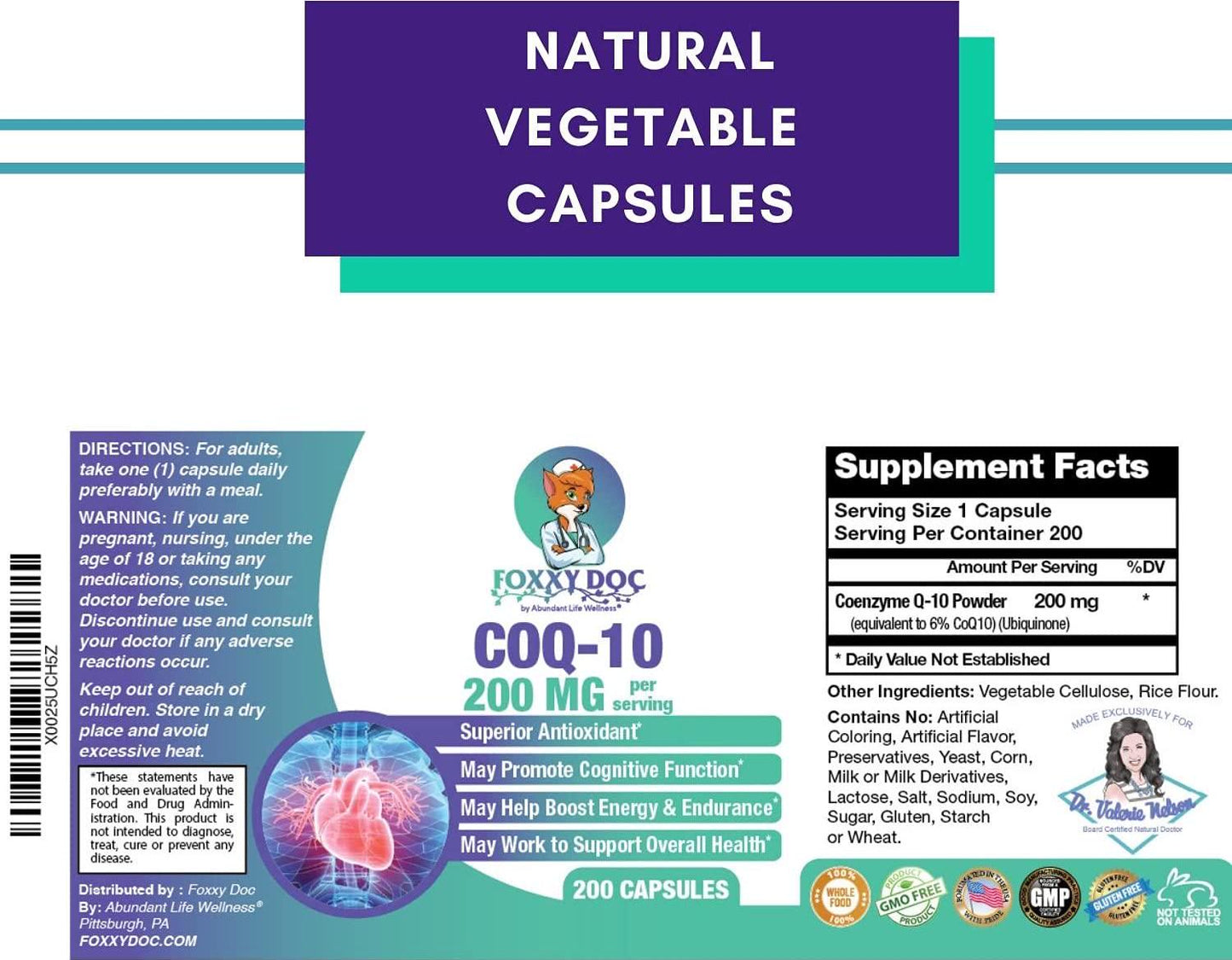 CoQ10 - Co-Enzyme Q10-200 mg - 200 Caps - High Absorption - Vegetable Capsules - Non-GMO - 6.5 Month Supply Heart and Cellular Energy by Foxxy Doc