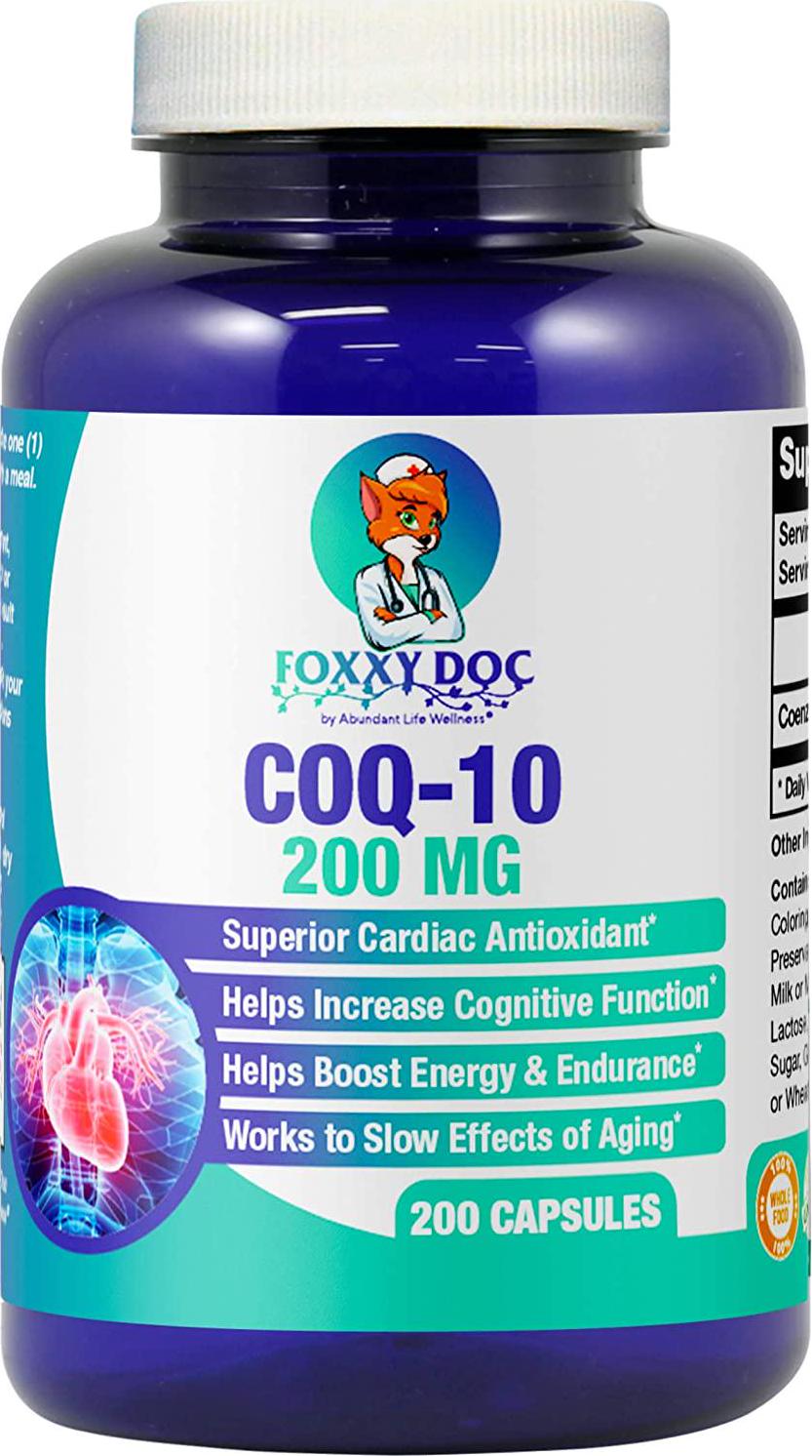 CoQ10 - Co-Enzyme Q10-200 mg - 200 Caps - High Absorption - Vegetable Capsules - Non-GMO - 6.5 Month Supply Heart and Cellular Energy by Foxxy Doc