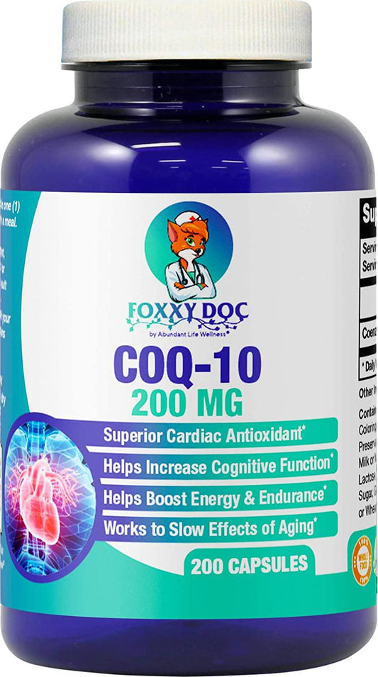 CoQ10 - Co-Enzyme Q10-200 mg - 200 Caps - High Absorption - Vegetable Capsules - Non-GMO - 6.5 Month Supply Heart and Cellular Energy by Foxxy Doc