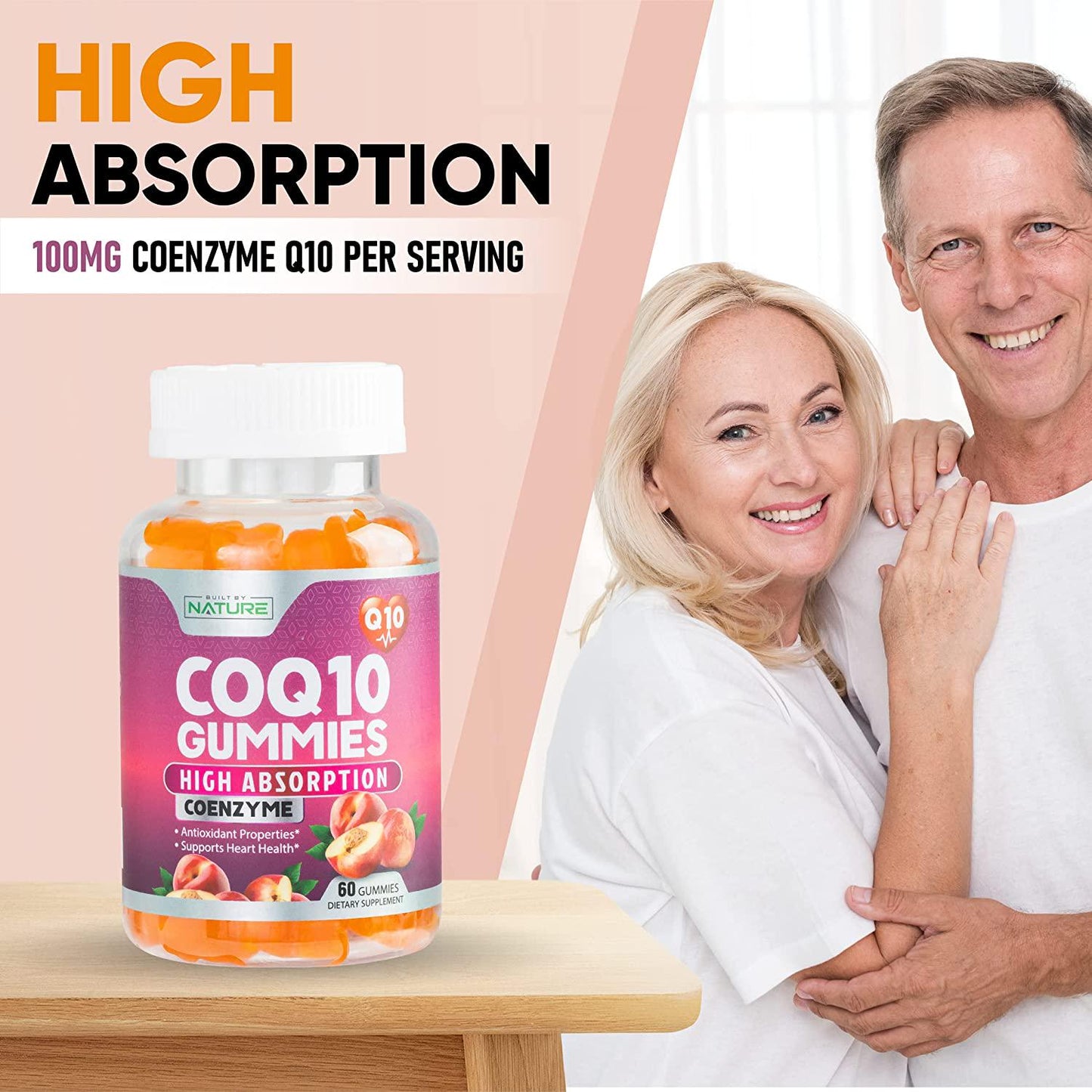 CoQ10 Gummies High Absorption Coenzyme Q10 Supplement, Chewable CoQ10 Gummy 100mg for Heart and Energy Support, Tasty Peach Flavor, 60 Gummies