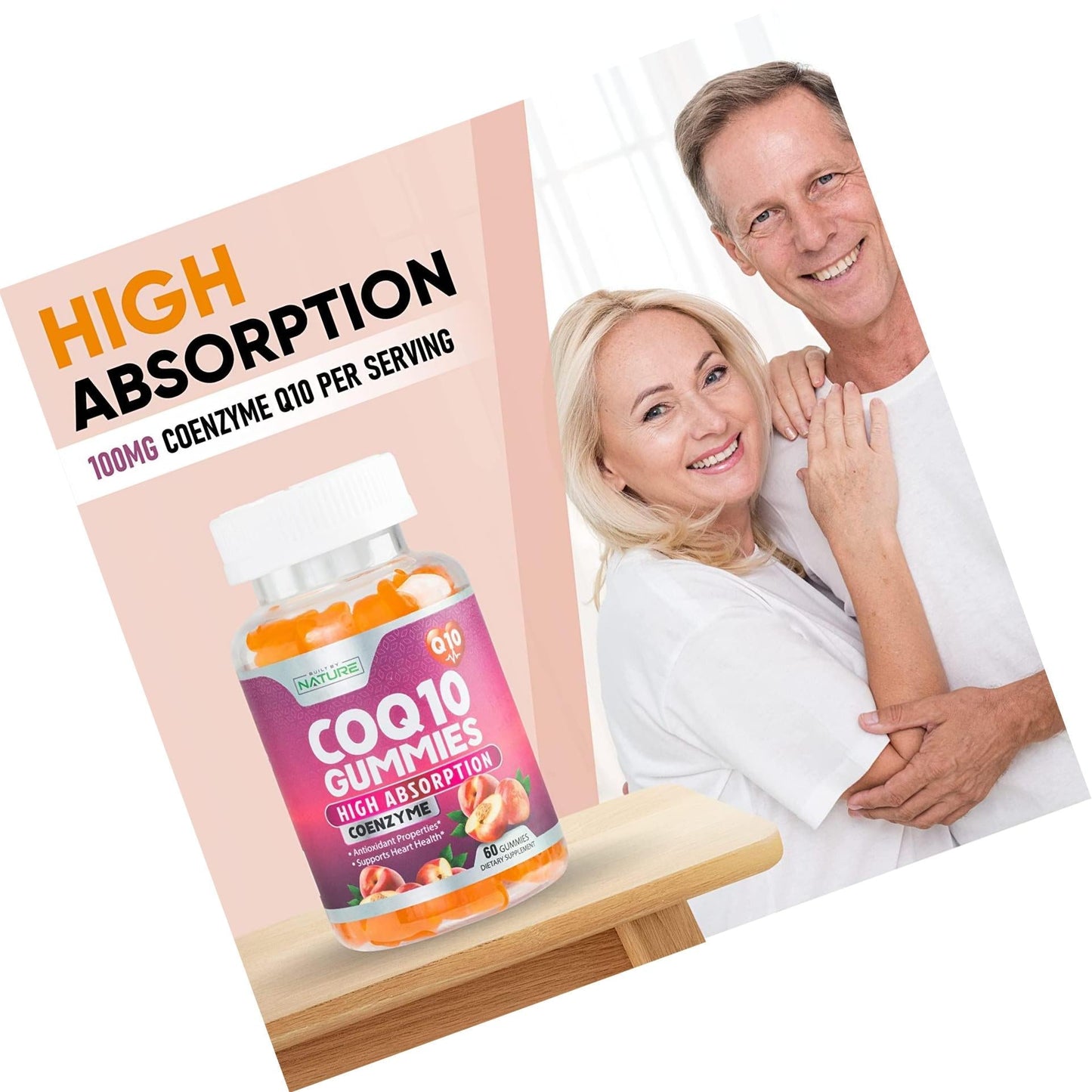 CoQ10 Gummies High Absorption Coenzyme Q10 Supplement, Chewable CoQ10 Gummy 100mg for Heart and Energy Support, Tasty Peach Flavor, 60 Gummies