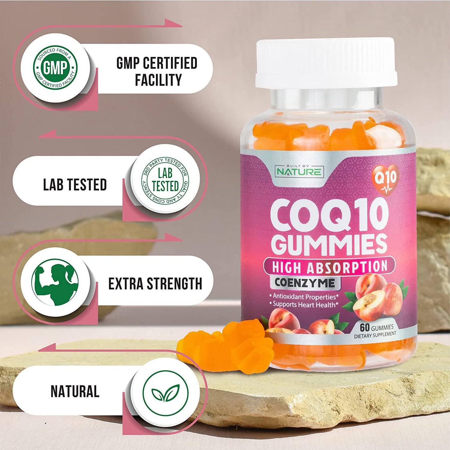 CoQ10 Gummies High Absorption Coenzyme Q10 Supplement, Chewable CoQ10 Gummy 100mg for Heart and Energy Support, Tasty Peach Flavor, 60 Gummies