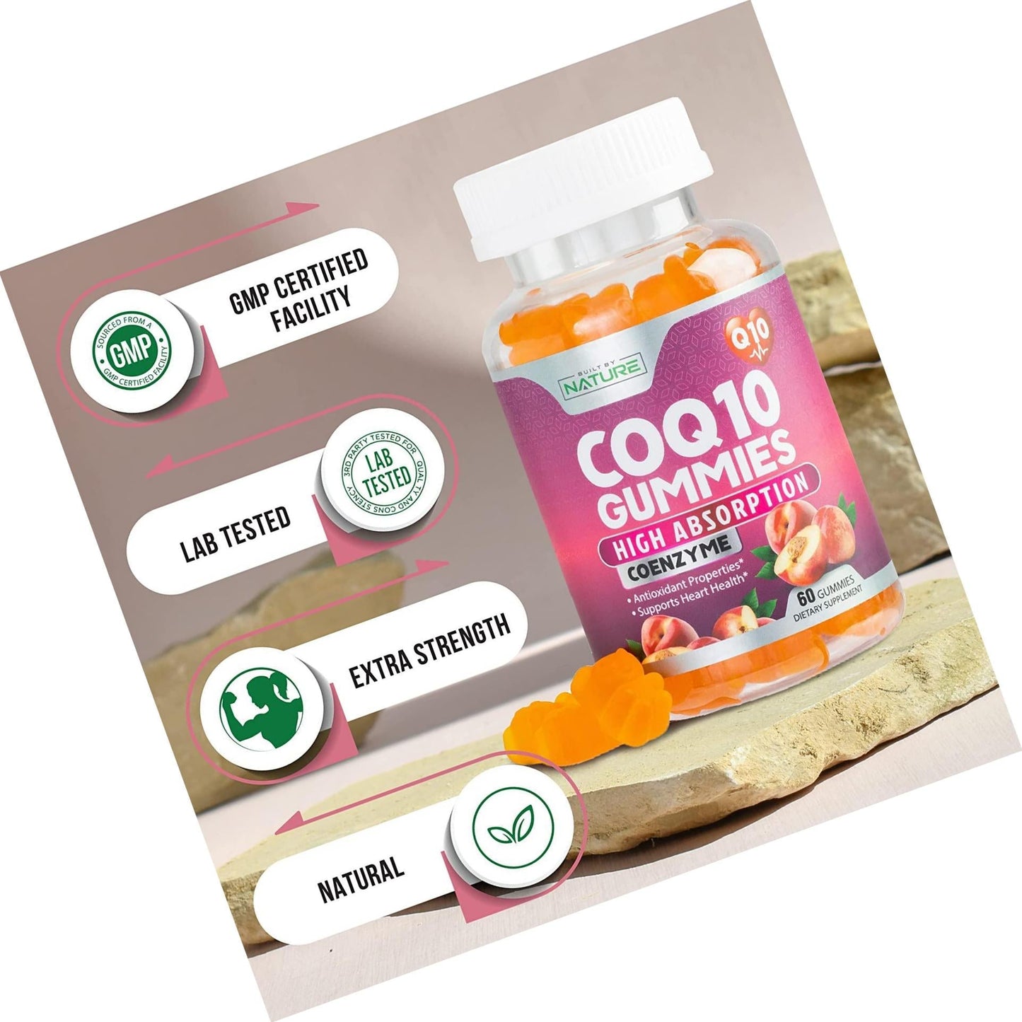 CoQ10 Gummies High Absorption Coenzyme Q10 Supplement, Chewable CoQ10 Gummy 100mg for Heart and Energy Support, Tasty Peach Flavor, 60 Gummies
