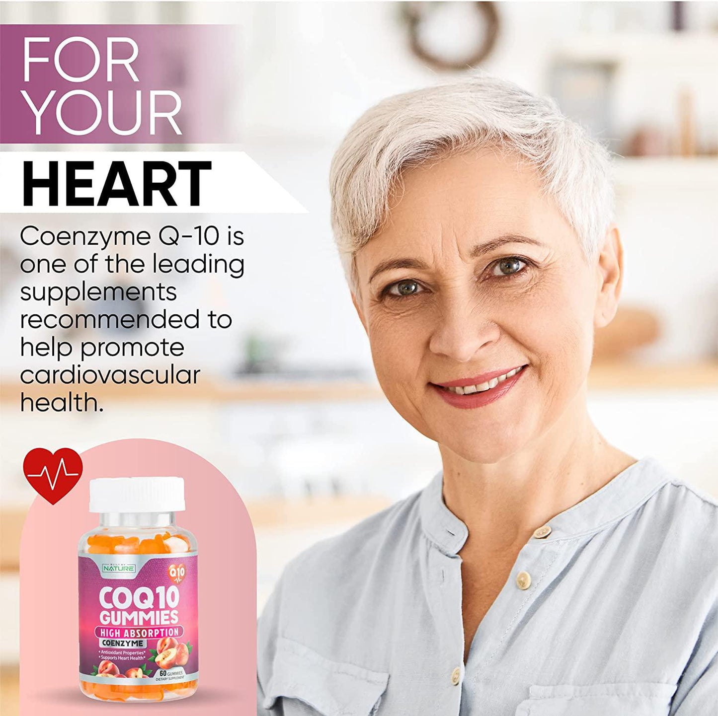 CoQ10 Gummies High Absorption Coenzyme Q10 Supplement, Chewable CoQ10 Gummy 100mg for Heart and Energy Support, Tasty Peach Flavor, 60 Gummies