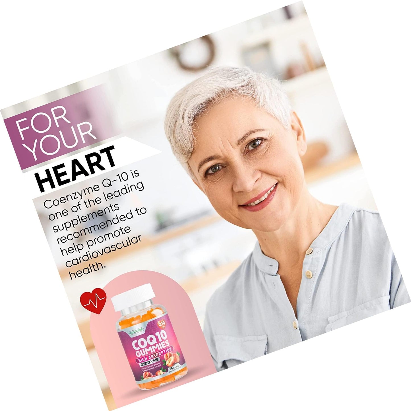 CoQ10 Gummies High Absorption Coenzyme Q10 Supplement, Chewable CoQ10 Gummy 100mg for Heart and Energy Support, Tasty Peach Flavor, 60 Gummies