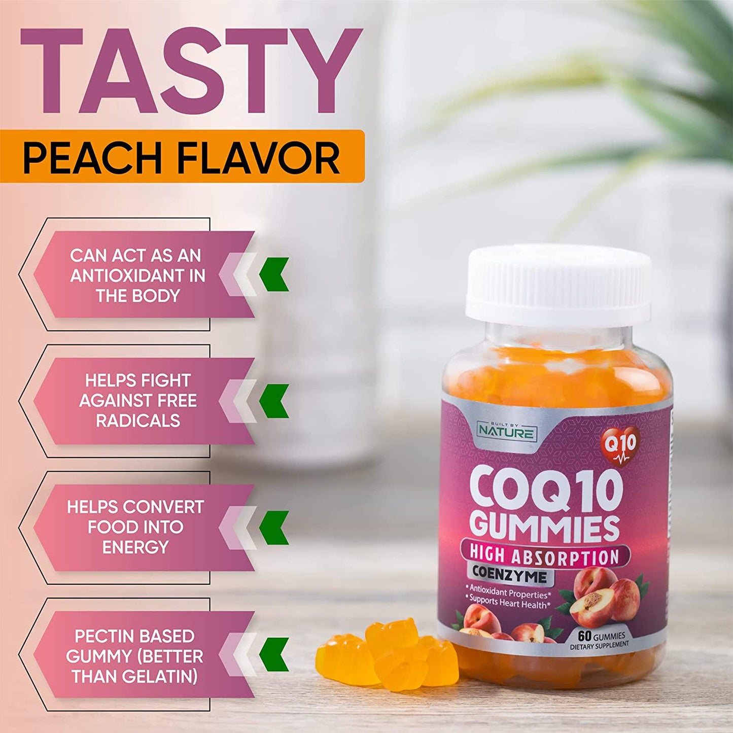 CoQ10 Gummies High Absorption Coenzyme Q10 Supplement, Chewable CoQ10 Gummy 100mg for Heart and Energy Support, Tasty Peach Flavor, 60 Gummies