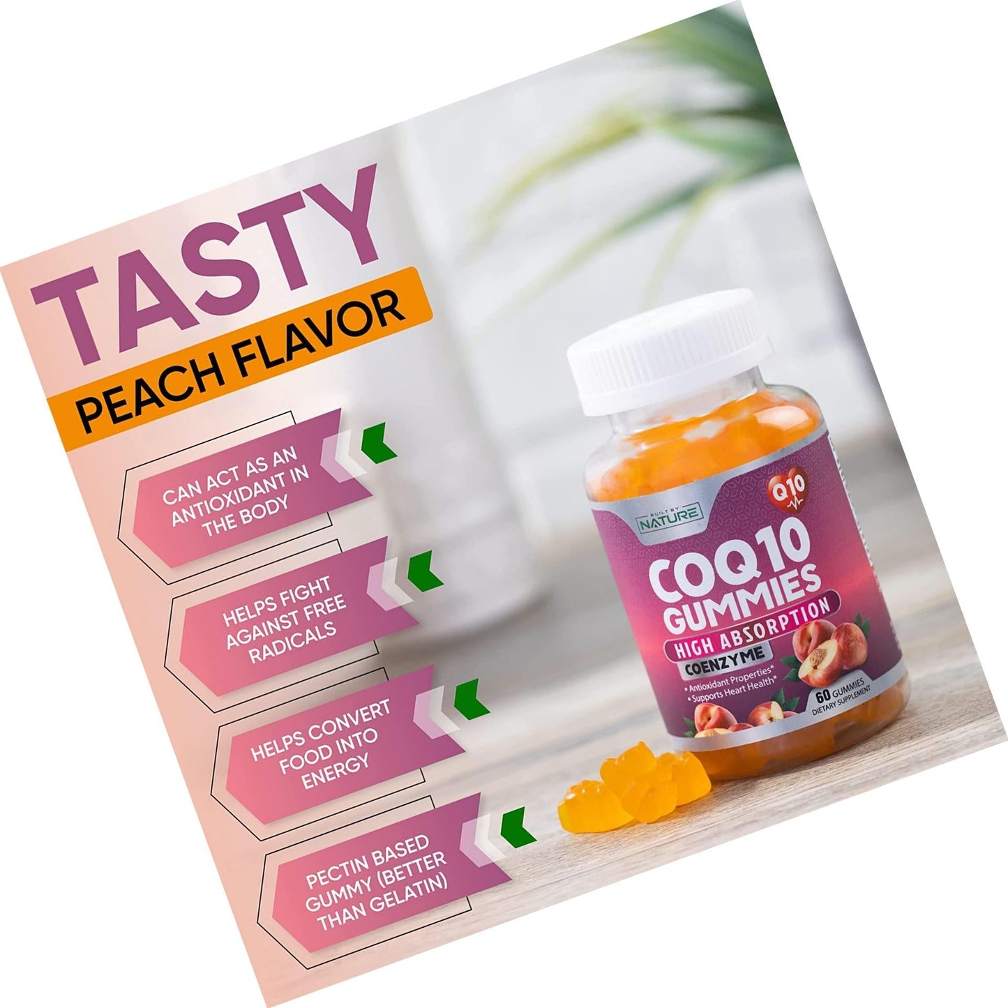 CoQ10 Gummies High Absorption Coenzyme Q10 Supplement, Chewable CoQ10 Gummy 100mg for Heart and Energy Support, Tasty Peach Flavor, 60 Gummies