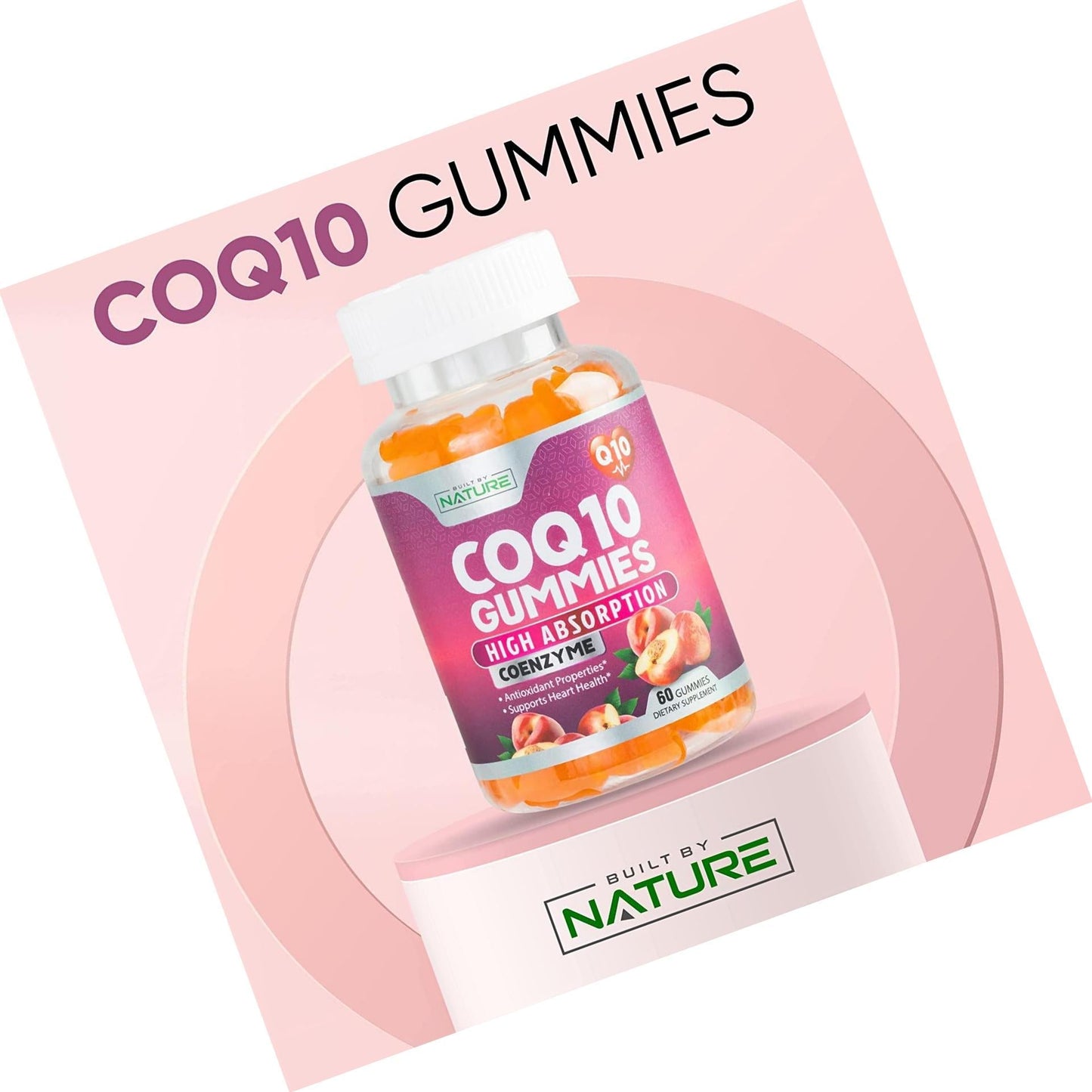 CoQ10 Gummies High Absorption Coenzyme Q10 Supplement, Chewable CoQ10 Gummy 100mg for Heart and Energy Support, Tasty Peach Flavor, 60 Gummies