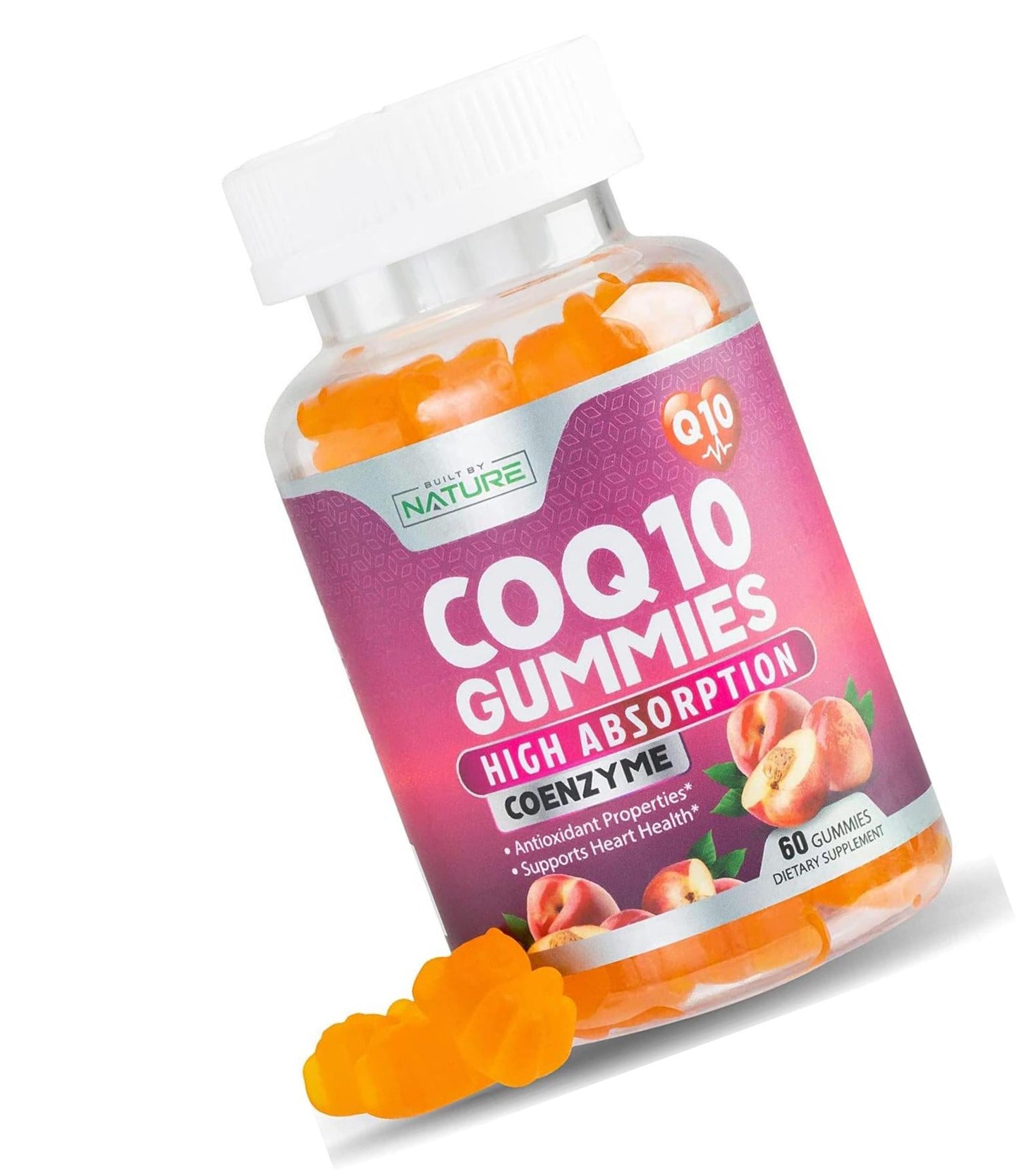 CoQ10 Gummies High Absorption Coenzyme Q10 Supplement, Chewable CoQ10 Gummy 100mg for Heart and Energy Support, Tasty Peach Flavor, 60 Gummies