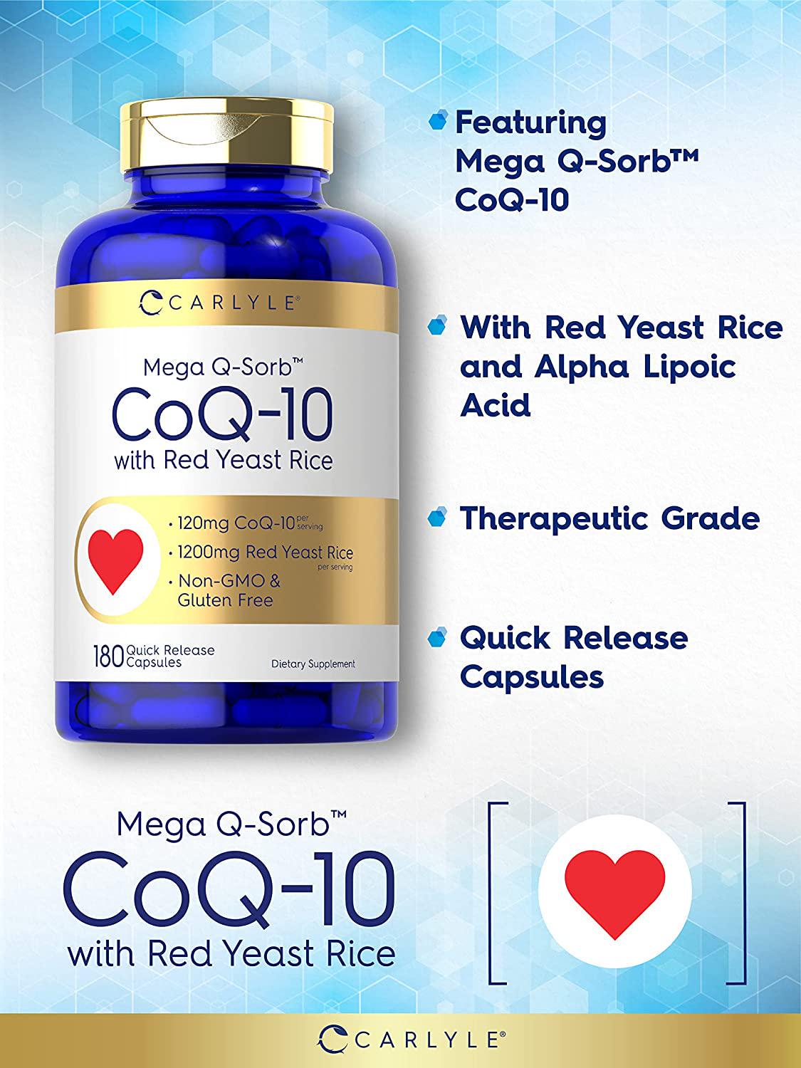 CoQ10 with Red Yeast Rice | 180 Capsules | Mega Q-Sorb 120mg and Red Yeast Rice 1200 mg | Non-GMO, Gluten Free Supplement | by Carlyle