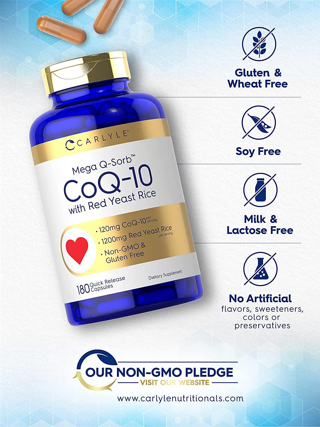 CoQ10 with Red Yeast Rice | 180 Capsules | Mega Q-Sorb 120mg and Red Yeast Rice 1200 mg | Non-GMO, Gluten Free Supplement | by Carlyle