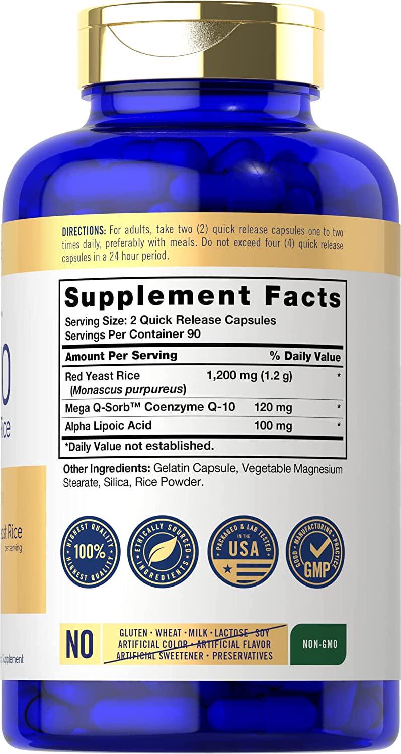 CoQ10 with Red Yeast Rice | 180 Capsules | Mega Q-Sorb 120mg and Red Yeast Rice 1200 mg | Non-GMO, Gluten Free Supplement | by Carlyle