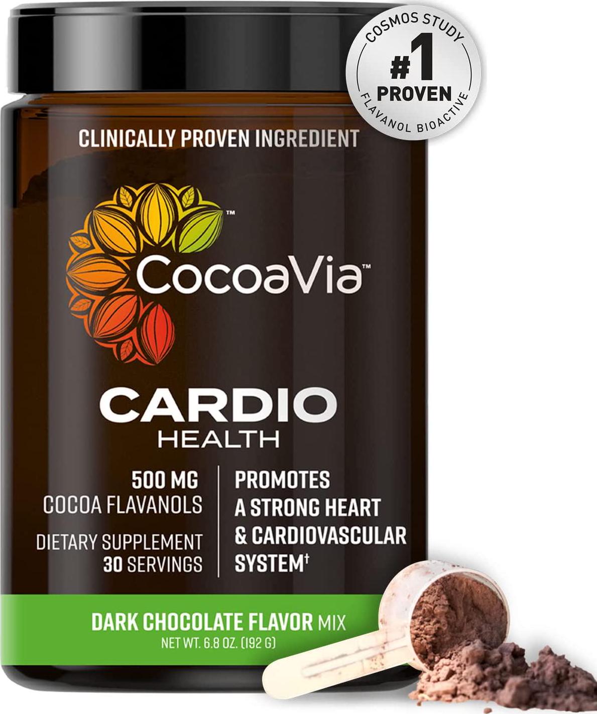 CocoaVia Cardio Health Cocoa Powder, 500mg Cocoa Flavanols, COSMOS Proven ingredient, Healthy Heart, Blood Pressure, Boost Nitric Oxide, Oxygen, Circulation, Energy, Vegan, Dark Chocolate, 30 servings