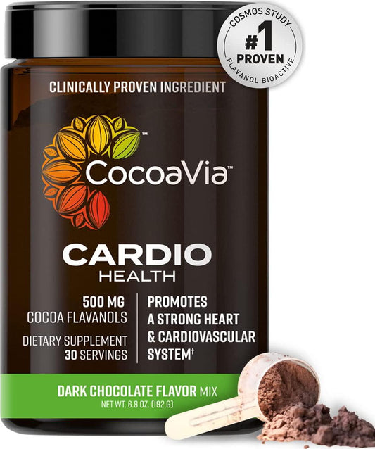 CocoaVia Cardio Health Cocoa Powder, 500mg Cocoa Flavanols, COSMOS Proven ingredient, Healthy Heart, Blood Pressure, Boost Nitric Oxide, Oxygen, Circulation, Energy, Vegan, Dark Chocolate, 30 servings