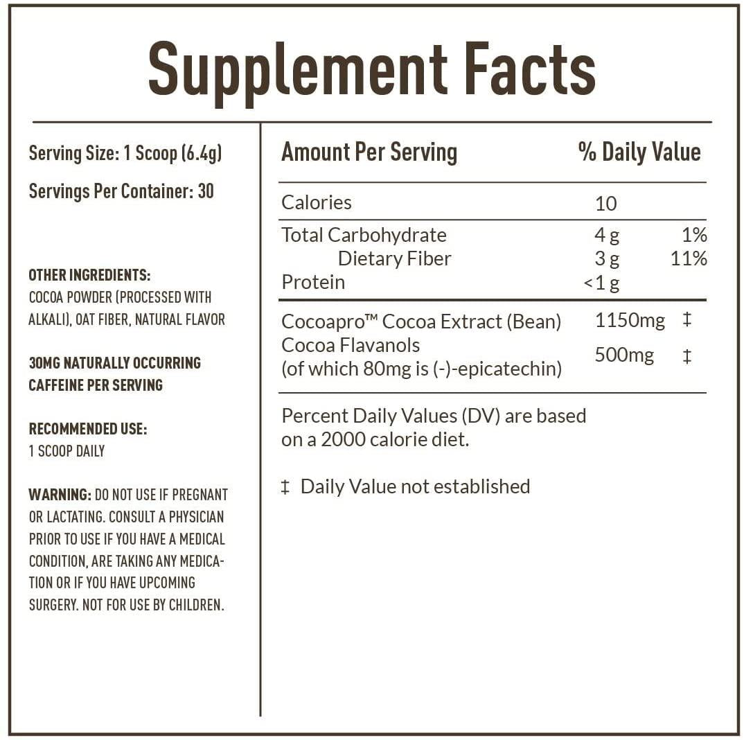 CocoaVia Cardio Health Cocoa Powder, 500mg Cocoa Flavanols, COSMOS Proven ingredient, Healthy Heart, Blood Pressure, Boost Nitric Oxide, Oxygen, Circulation, Energy, Vegan, Dark Chocolate, 30 servings