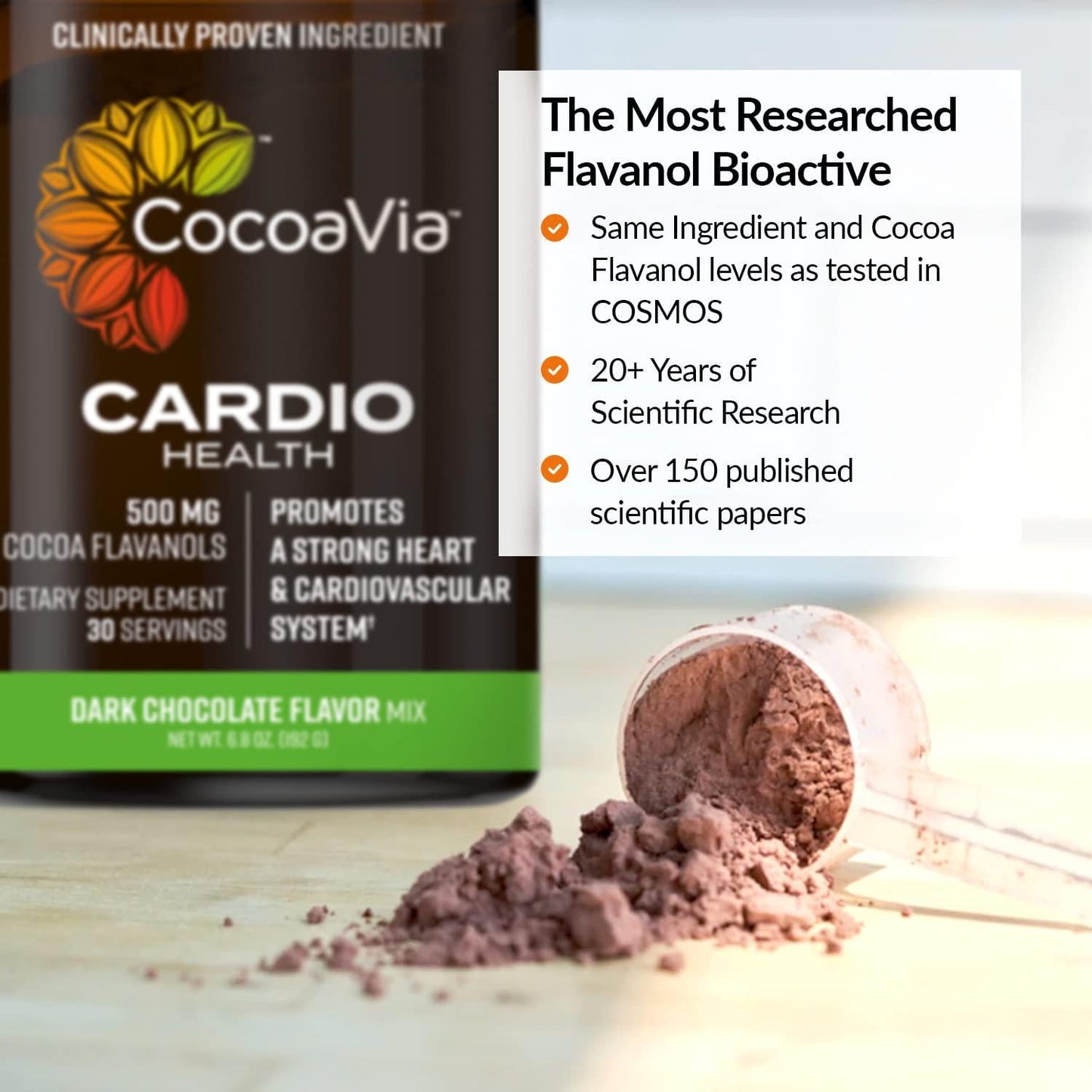 CocoaVia Cardio Health Cocoa Powder, 500mg Cocoa Flavanols, COSMOS Proven ingredient, Healthy Heart, Blood Pressure, Boost Nitric Oxide, Oxygen, Circulation, Energy, Vegan, Dark Chocolate, 30 servings