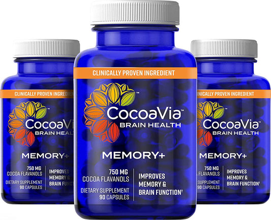 CocoaVia Memory+ Brain Supplement, 750 mg of Cocoa Flavanols | Brain Support for Improved Memory and Brain Function | 90 Day Supply, Triple Pack