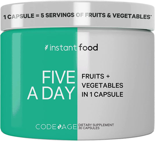 Codeage 5 Servings of Fruits and Veggies Equivalent in 1 Single Capsule, Whole Food Non-GMO, 15 Greens and Fruits All-in-One Pill, Eat Vegetables for Wellness Vegan Vitamins Supplement, 30 ct