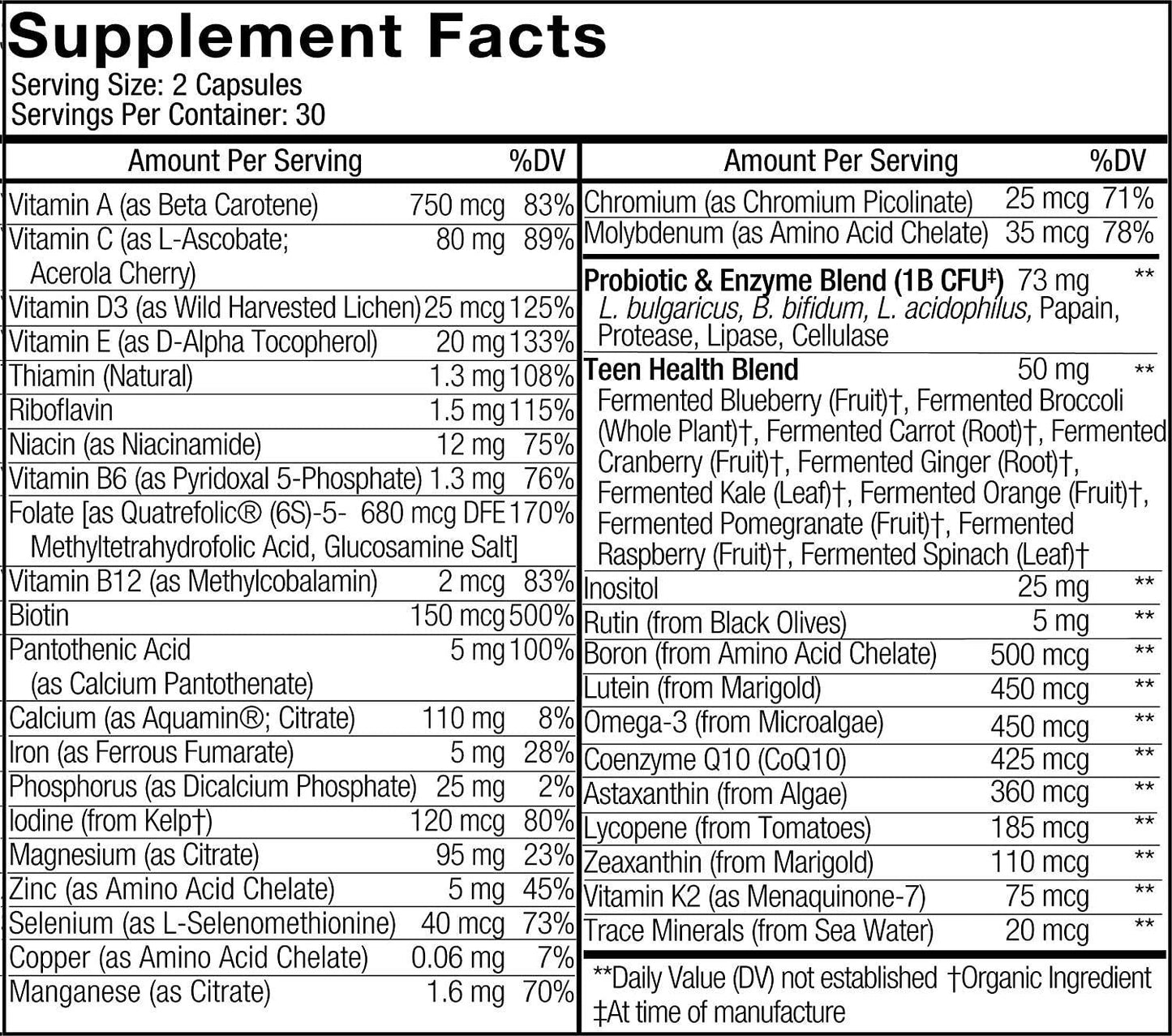 Codeage Daily Teen Multivitamin - Organic Whole Foods - Probiotic Fermented Vitamins - Enzymes, Minerals for Teenage Boys and Girls - Vegan, Non-GMO, Gluten Free Supplement for Active Kids - 2 Pack