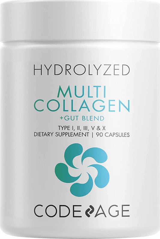 Codeage Multi Collagen + Gut Blend Supplement – Digestive Probiotics, DGL Licorice – Aloe Vera, Organic Peppermint Leaf - Hydrolyzed Collagen Pills Type 1, 2, 3, 5 and 10 – Vegan Non-GMO - 90 Capsules