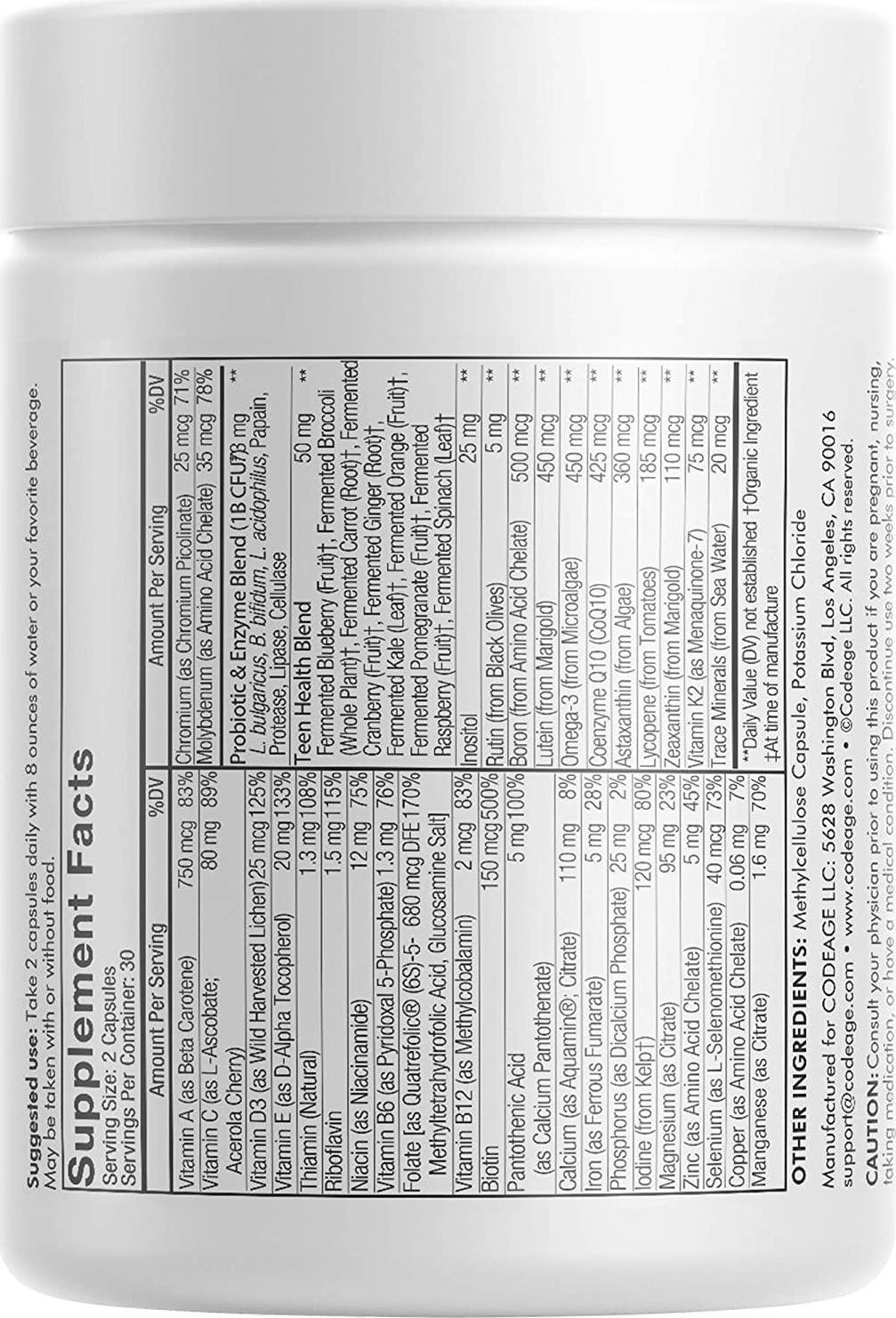 Codeage Teen Multivitamin - Organic Whole Foods + Probiotic Fermented Vitamins + Enzyme Activated Minerals for Teenage Boys and Girls, Vegan Non-GMO Gluten Free Supplement for Active Kids, 60 Capsules