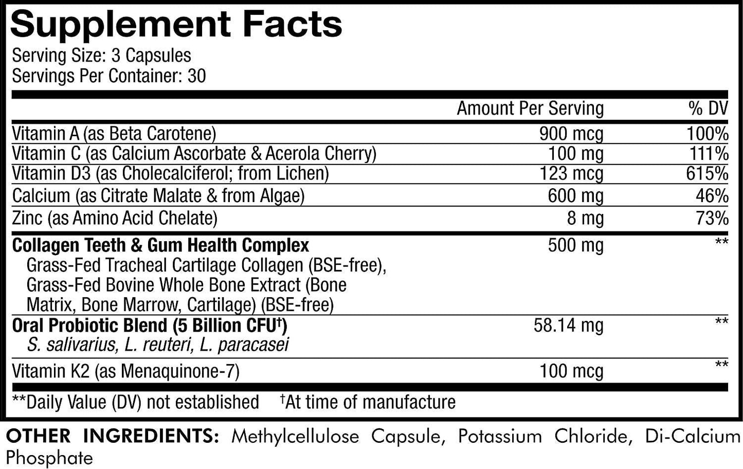 Codeage Teeth Gums and Bone Strength + Oral Probiotic Supplement for Mouth Throat Immunity Support Oral Dental and Bone Health - Plant-Based Calcium, Magnesium, Vitamin D3 C K2, Collagen - 90 Capsules