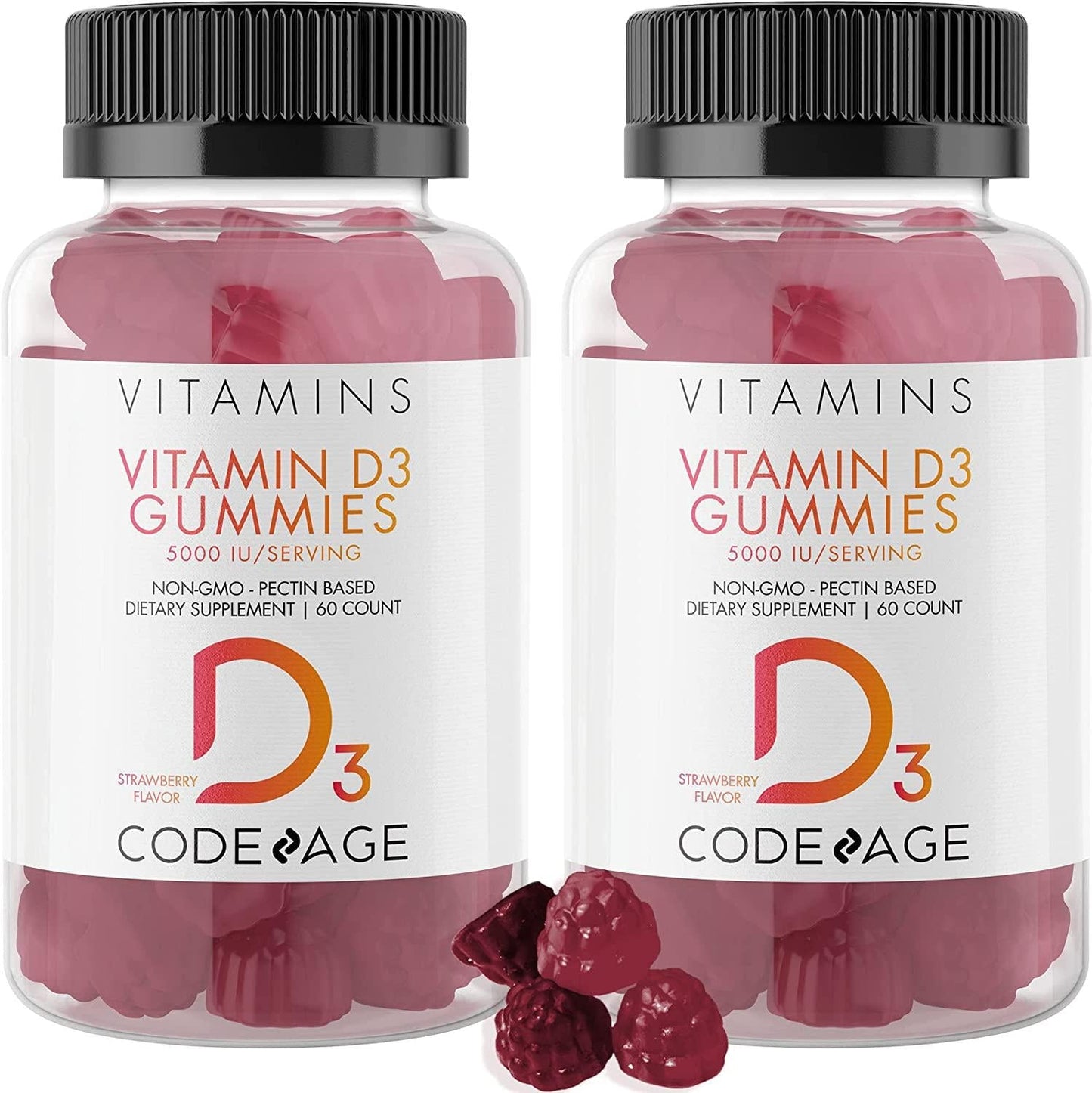 Codeage Vitamin D3 Gummies 2-Pack, Pectin-Based Chewable Vitamin D 5000 IU Supplement for Adults, Bone, Strawberry Flavor Sunshine Vitamins Gummy, Gelatin-Free, Gluten-Free, Non-GMO, 120 Counts