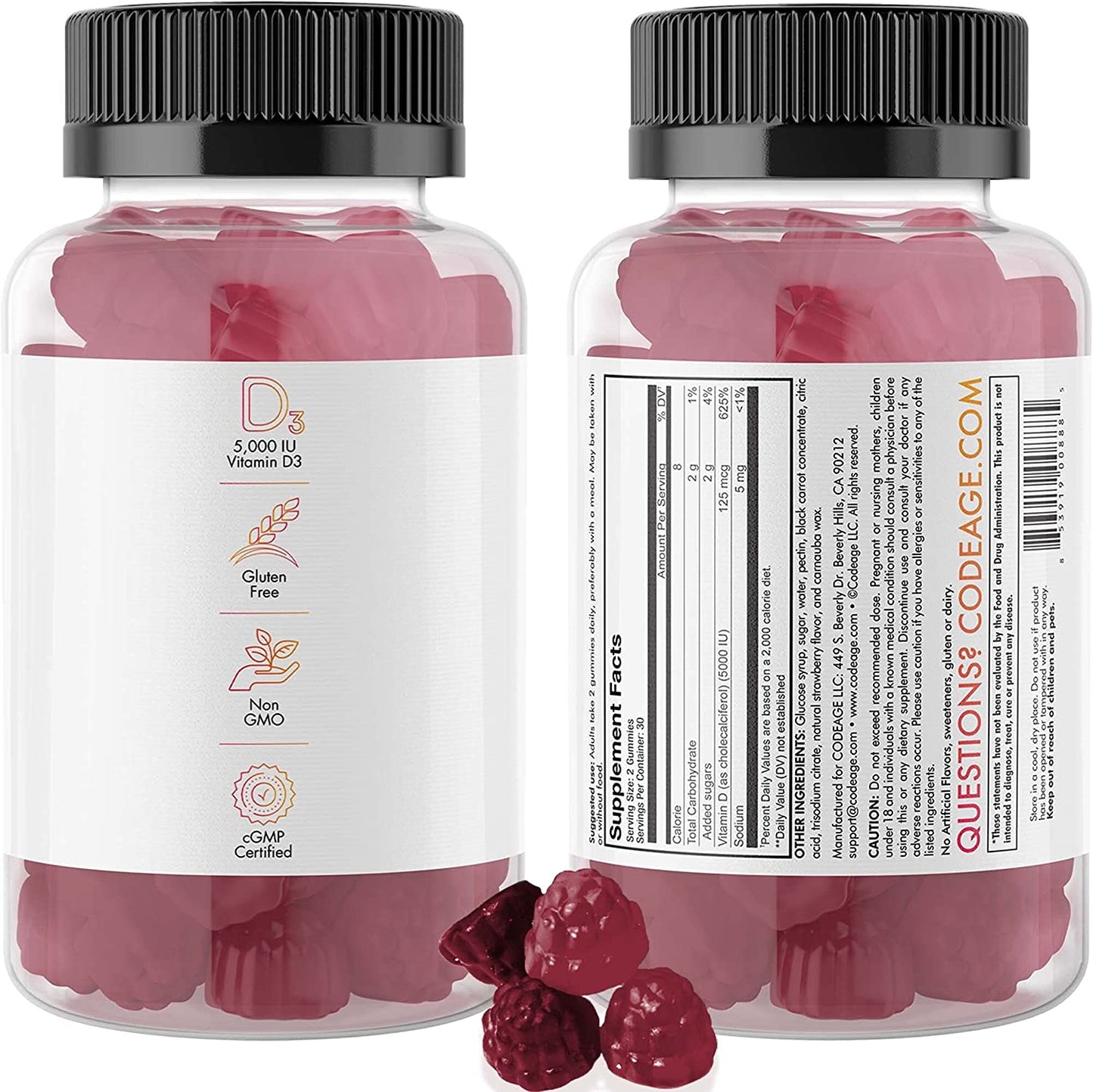 Codeage Vitamin D3 Gummies 2-Pack, Pectin-Based Chewable Vitamin D 5000 IU Supplement for Adults, Bone, Strawberry Flavor Sunshine Vitamins Gummy, Gelatin-Free, Gluten-Free, Non-GMO, 120 Counts