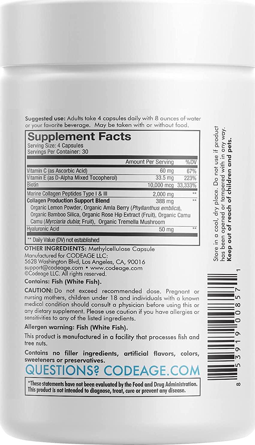 Codeage Wild-Caught Marine Collagen Peptides + Hyaluronic Acid + Vitamin C + Biotin - Hydrolyzed Fish Collagen Pills for Hair, Skin and Nails + Joint Support - Collagen for Women and Men - 120 Capsules