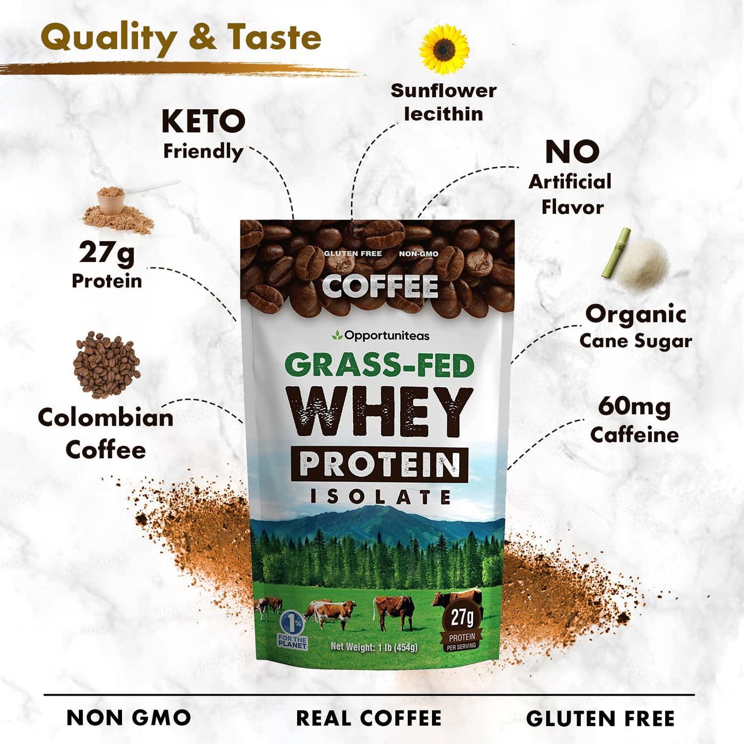Coffee Protein Powder - Grass Fed Whey Isolate + Colombian Coffee - Low Carb and 60mg Caffeine - Boost Energy Pre or Post Workout - Keto Friendly Drinks, Lattes, Shakes, Smoothies and Recipes - 1 Pound