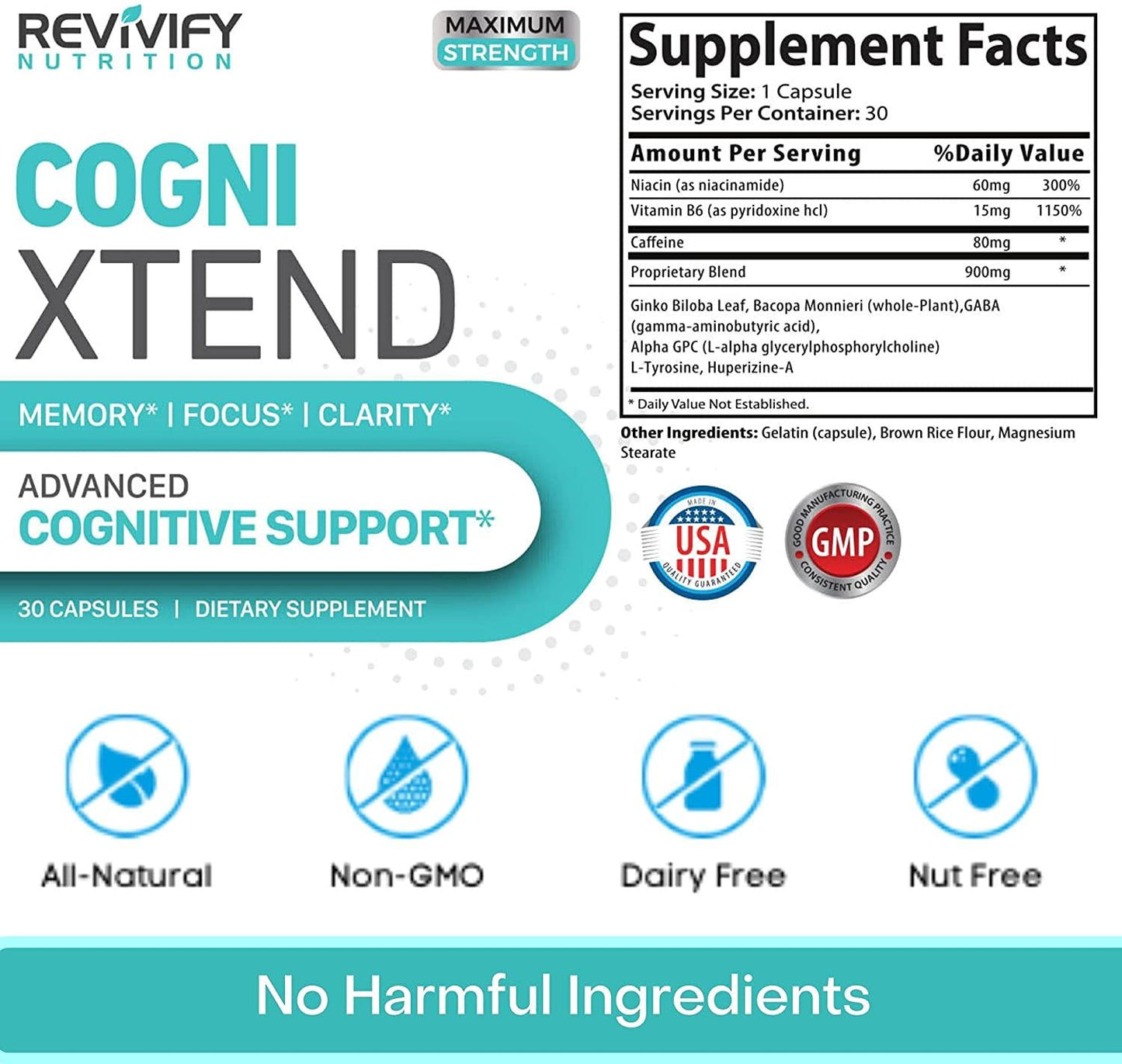 Cogni Xtend Brain Booster Supplement For Focus, Memory, Clarity, Energy. L Tyrosine+ Bacopa Ginkgo Biloba Extract Active Ingredients - Clarity for Brain Dust Brain Cogni Boost Supplement 30-day supply
