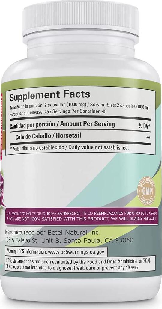 Cola de Caballo (Horsetail) Herbal Capsule by Betel Natural - Healthy Nails, Skin, Hair - 1000 mg per Serving