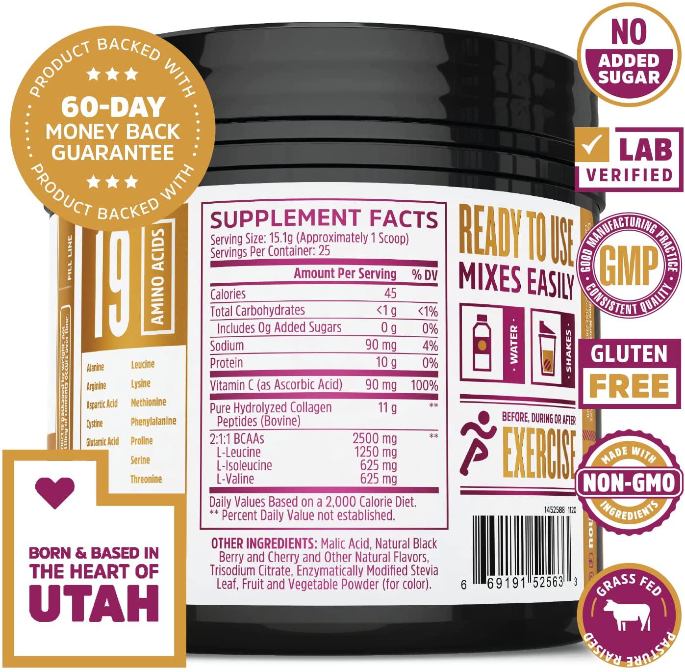 Collagen Active - Pure Hydrolyzed Collagen Peptides BCAA Powder with Vitamin C (13.3oz) - Supplement for Radiant Skin, Joint Flexibility, and Muscle Recovery