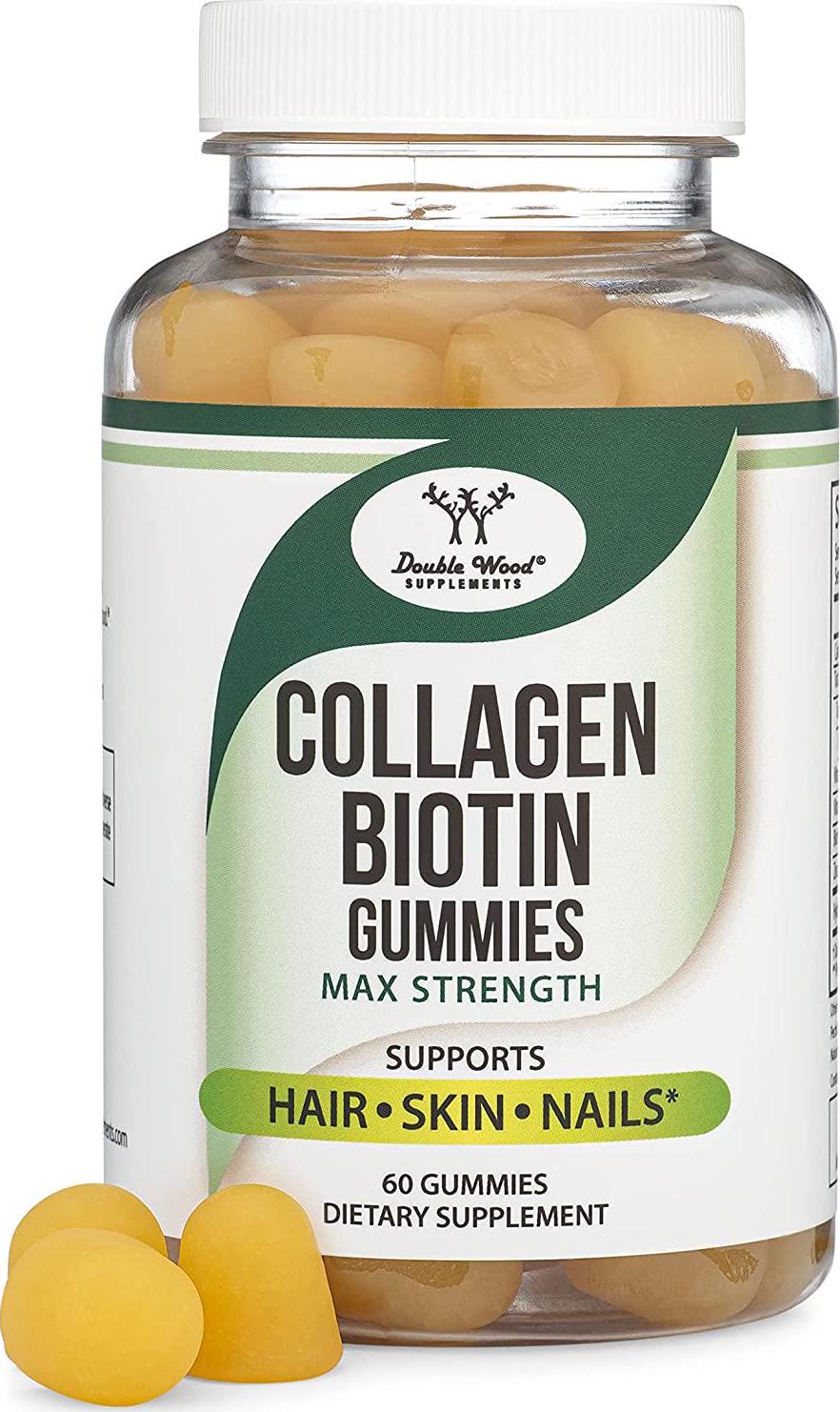 Collagen Biotin Gummies Max Strength - Enhanced with Vitamin C, Zinc, and Vitamin E (Anti Aging for Women and Men) 60 Hair, Skin, Nails Gummies by Double Wood Supplements
