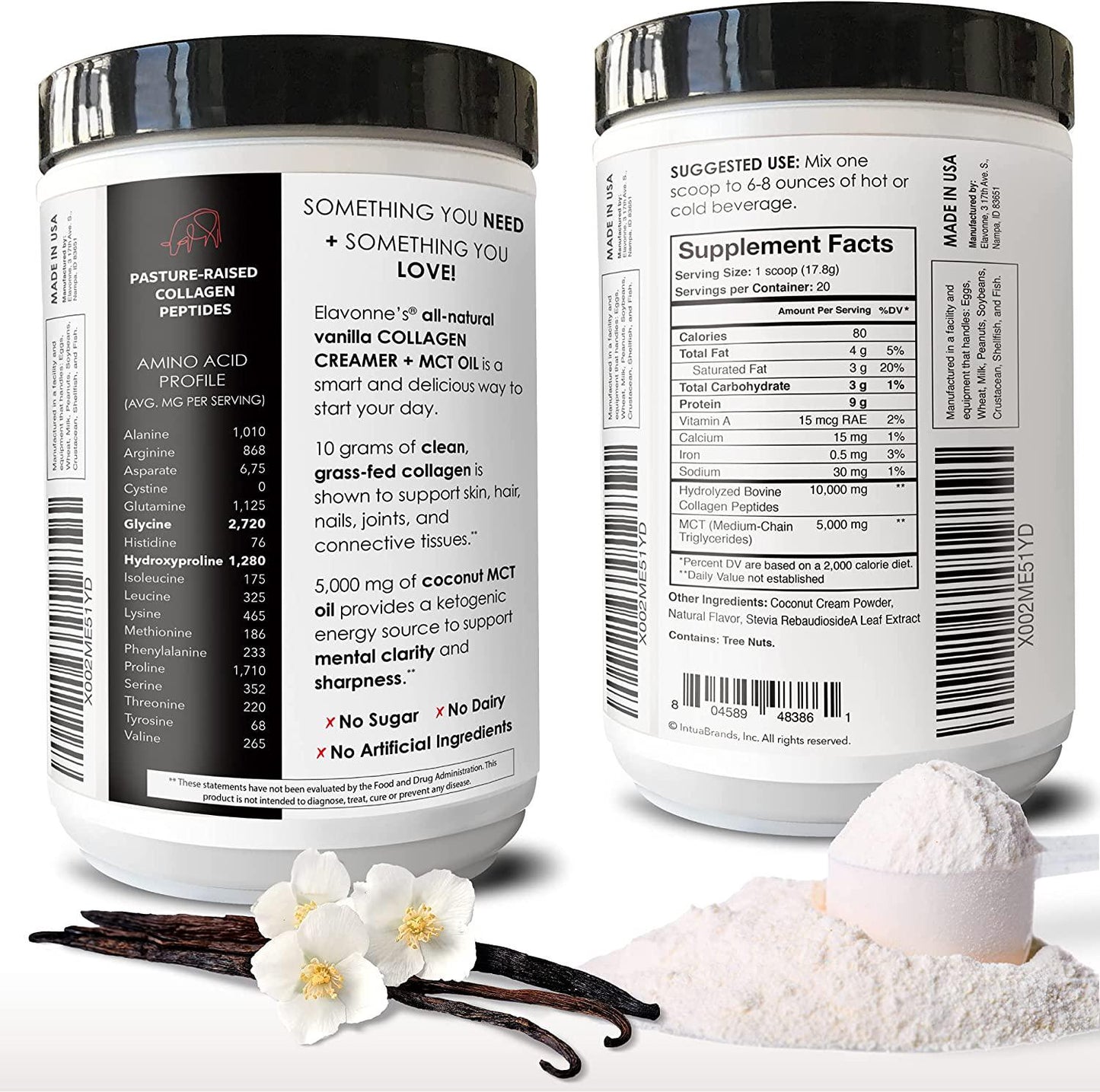 Collagen Creamer + MCT Oil for Coffee - Vanilla - Grass Fed Non Dairy Protein Peptides - Keto/Paleo - No Sugar - Supports Skin, Beauty, Joints, Gut, Hair, Nails - Elavonne