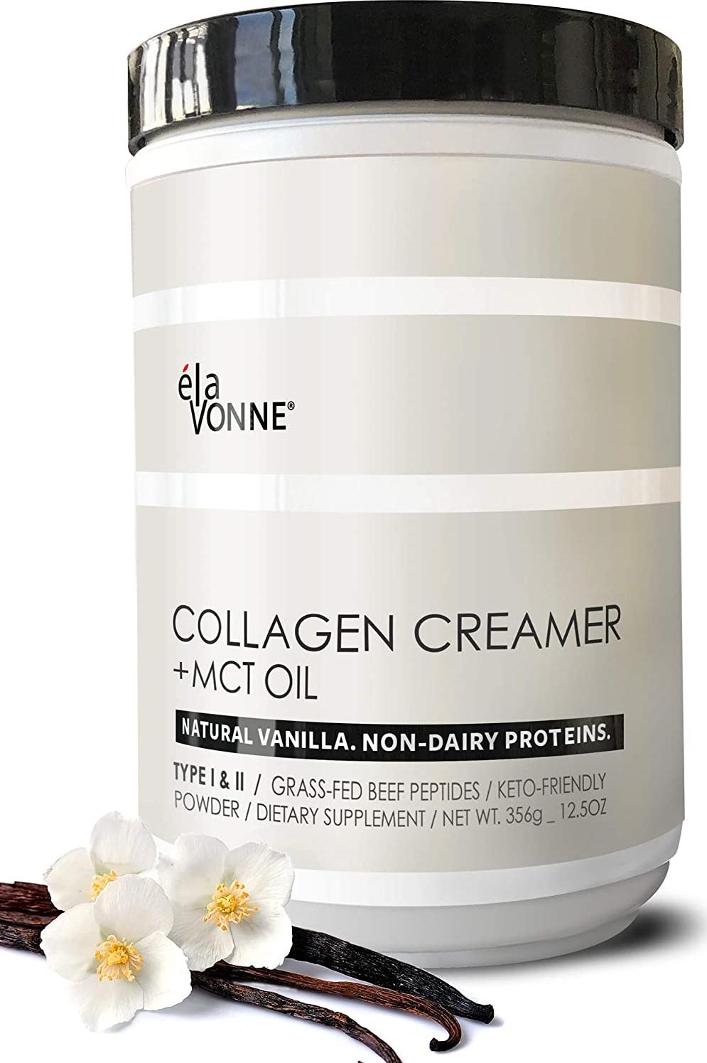 Collagen Creamer + MCT Oil for Coffee - Vanilla - Grass Fed Non Dairy Protein Peptides - Keto/Paleo - No Sugar - Supports Skin, Beauty, Joints, Gut, Hair, Nails - Elavonne