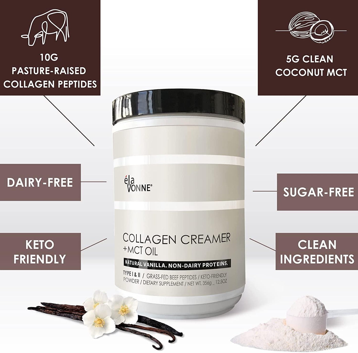 Collagen Creamer + MCT Oil for Coffee - Vanilla - Grass Fed Non Dairy Protein Peptides - Keto/Paleo - No Sugar - Supports Skin, Beauty, Joints, Gut, Hair, Nails - Elavonne
