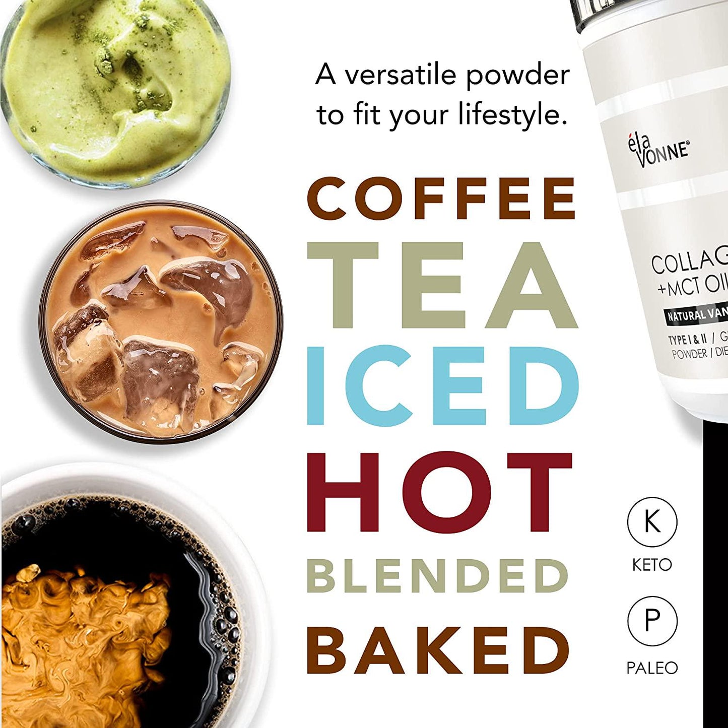 Collagen Creamer + MCT Oil for Coffee - Vanilla - Grass Fed Non Dairy Protein Peptides - Keto/Paleo - No Sugar - Supports Skin, Beauty, Joints, Gut, Hair, Nails - Elavonne