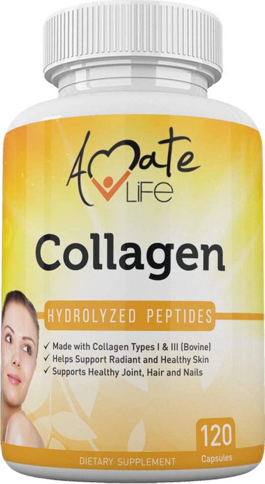 Collagen Hydrolyzed Peptides Best Anti-Aging Supplement Collagen I and III Type Formula- Skin and Hair Rejuvenation Pills -Healthy Joint Support Skin Care Supplement 120 Capsules by Amate Life