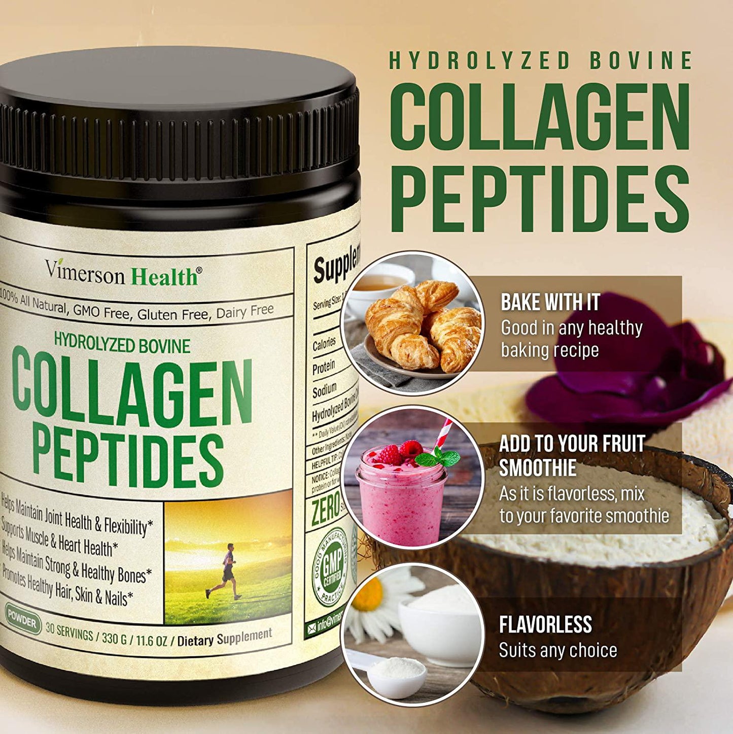 Collagen Peptide Powder Natural Protein Supplement - Hydrolyzed Bovine Pasture-Raised Collagen Peptides for Youthful Hair, Skin and Nails. Supports Healthy Muscles, Bones and Ligaments - 30 Day Supply