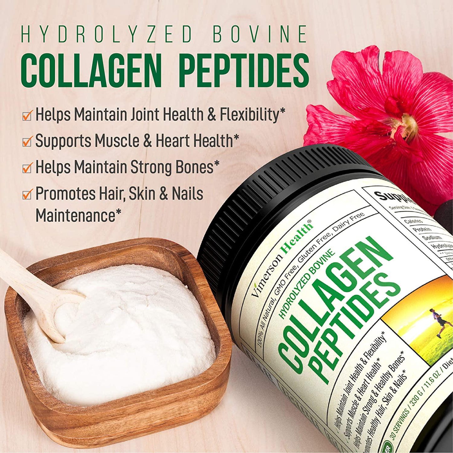 Collagen Peptide Powder Natural Protein Supplement - Hydrolyzed Bovine Pasture-Raised Collagen Peptides for Youthful Hair, Skin and Nails. Supports Healthy Muscles, Bones and Ligaments - 30 Day Supply