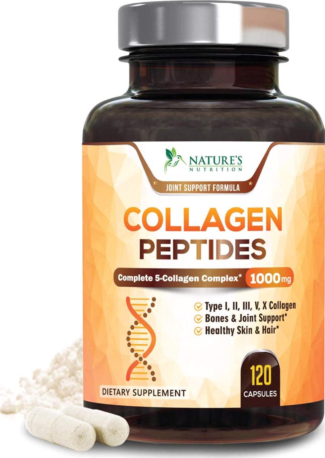 Collagen Peptides Pills 100% Pure Collagen Powder 1000mg - Collagen Powder Type I, II, III, V, X - Boosts Hair, Nails and Skin, Anti Aging Joint Formula, Paleo Friendly, Gluten Free - 120 Capsules